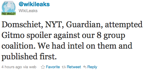 @wikileaks: Domschiet, NYT, Guardian, attempted Gitmo spoiler against our 8 group coalition. We had intel on them and published first.